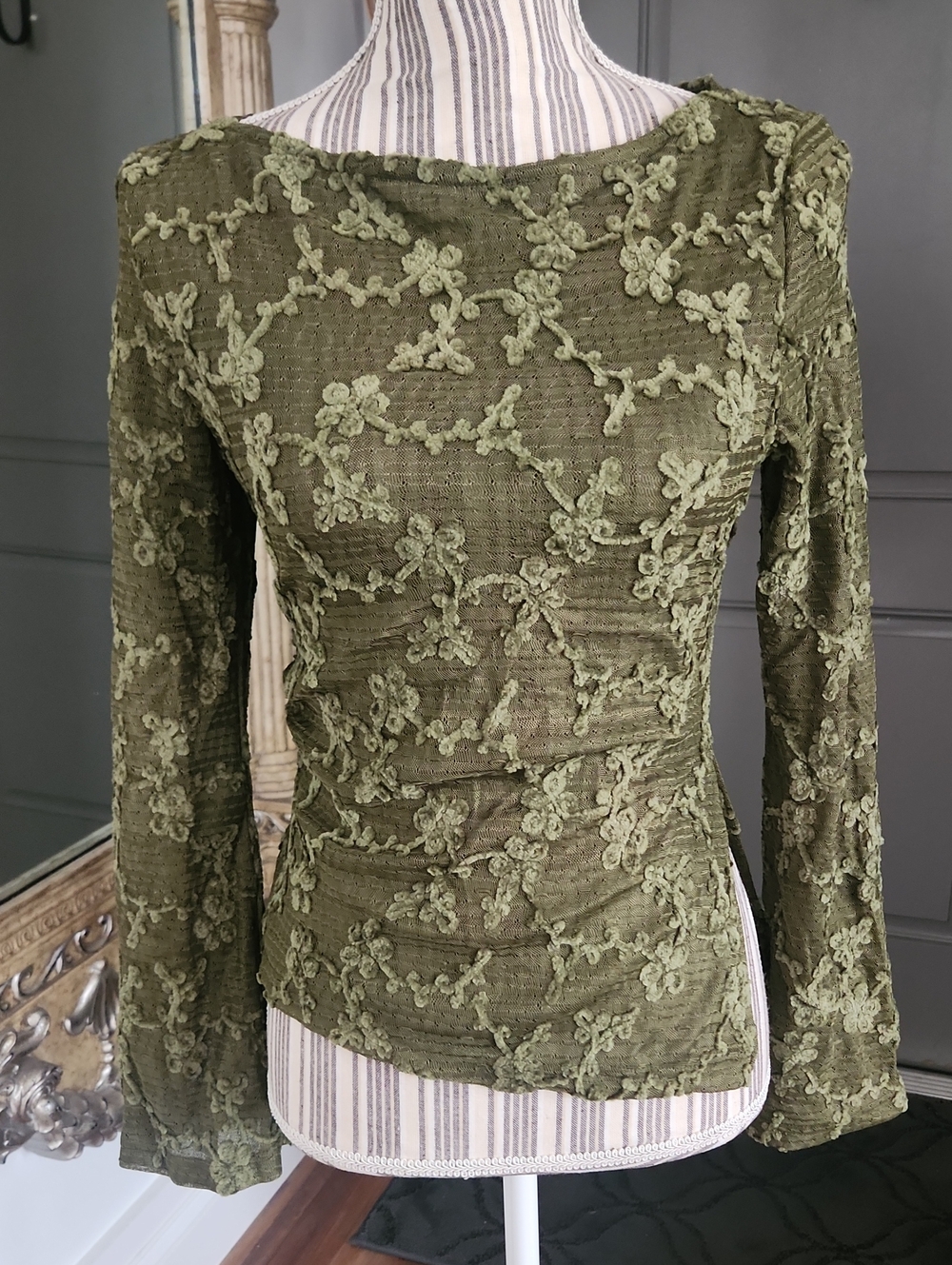 Cider Olive Green Lace Chenille Embossed Cut Out Side Top